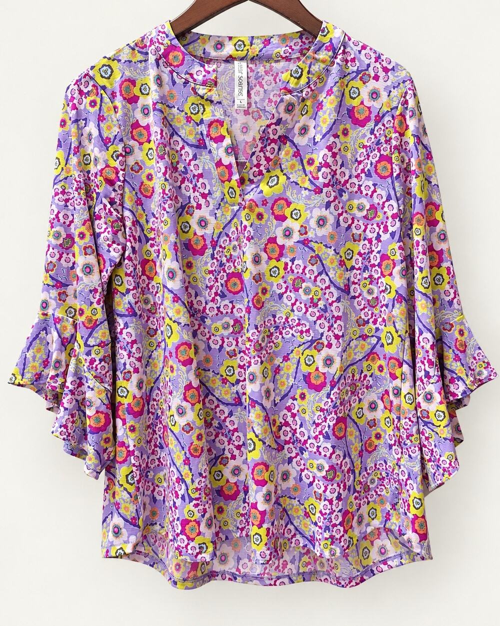 Dear Scarlett Womens L Lavender Floral V Neck Bell Sleeve Tunic Blouse